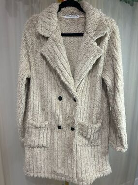 Beige Sherpa Teddy Coat Jacket Double Breasted Cozy Plush Oversized XL